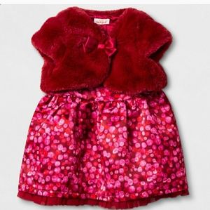 Satin floral print dress with faux fur capelet